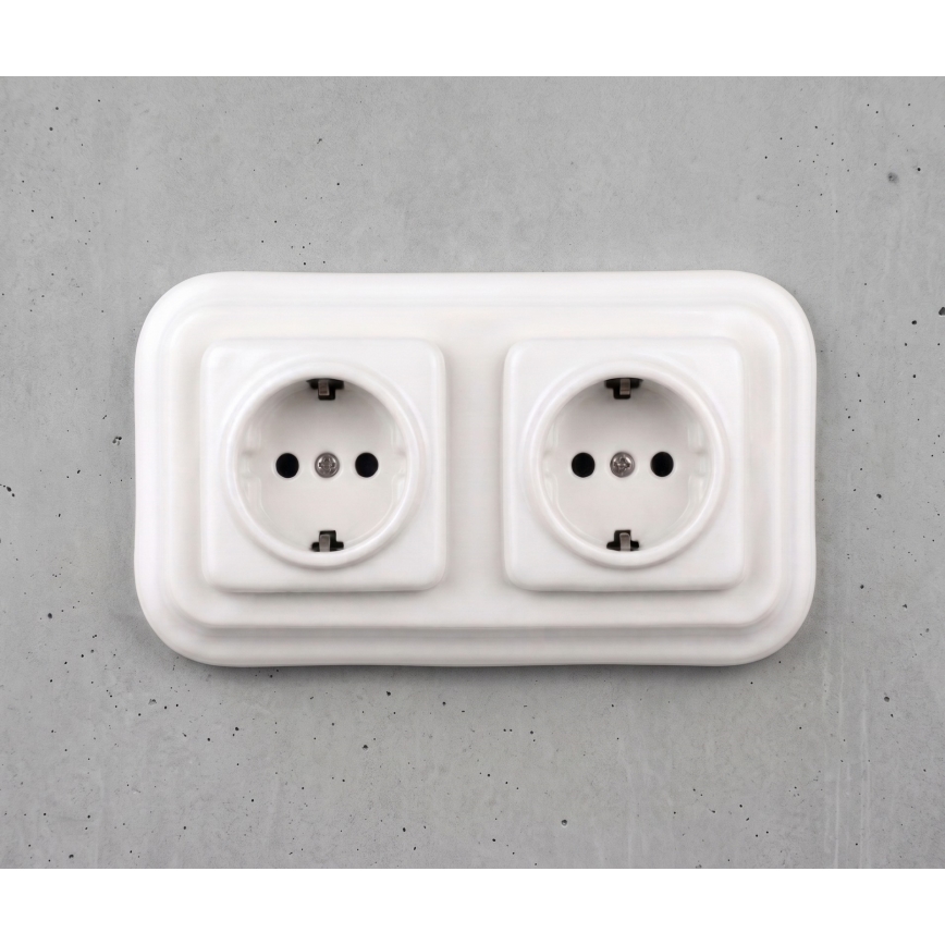 Elhard - Doppia presa domestica in ceramica stile retrò con cornice SCHUKO 230V bianca