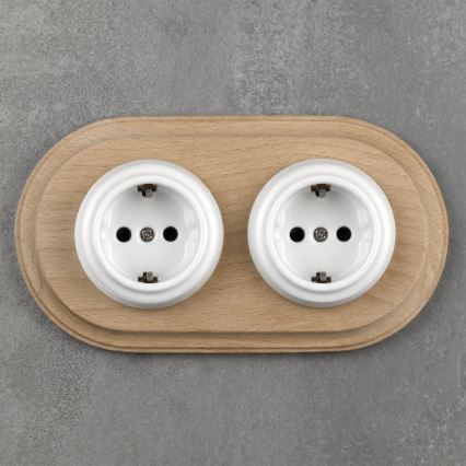 Elhard - Presa domestica doppia in ceramica in stile retrò con cornice SCHUKO 230V bianco/legno chiaro