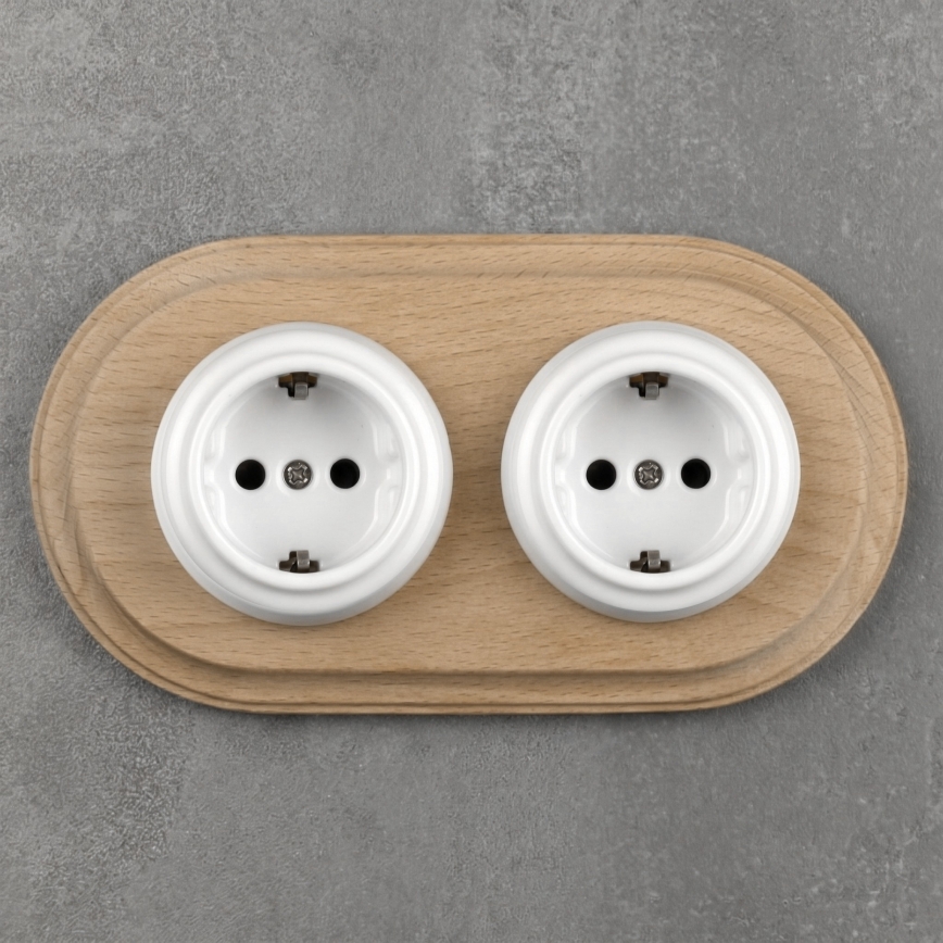 Elhard - Presa domestica doppia in ceramica in stile retrò con cornice SCHUKO 230V bianco/legno chiaro