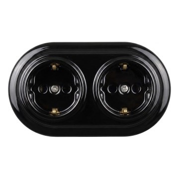 Elhard - Doppia presa domestica in ceramica stile retrò con placca SCHUKO 230V nera