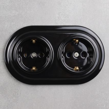 Elhard - Doppia presa domestica in ceramica stile retrò con placca SCHUKO 230V nera