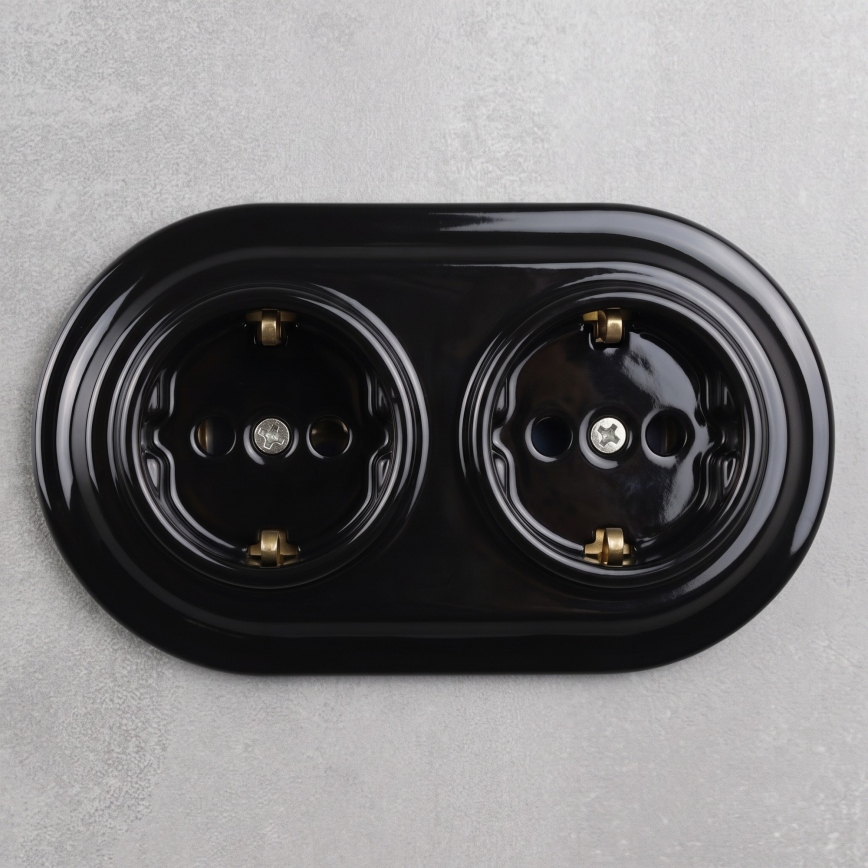 Elhard - Doppia presa domestica in ceramica stile retrò con placca SCHUKO 230V nera