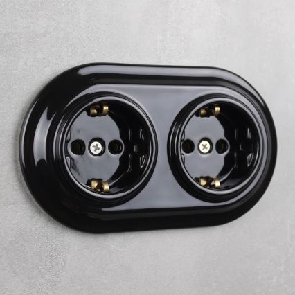 Elhard - Doppia presa domestica in ceramica stile retrò con placca SCHUKO 230V nera