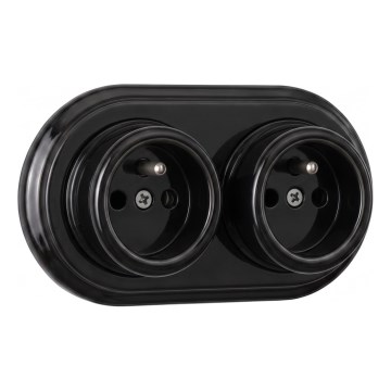Elhard - Doppia presa elettrica da parete in ceramica, stile retrò, per uso domestico, con placca, 230V, nera
