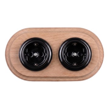 Elhard - Doppia presa in ceramica in stile retrò per uso domestico con placca SCHUKO 230V nero/legno chiaro