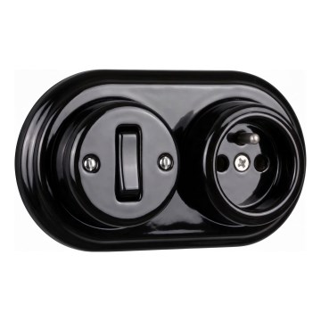 Elhard - Interruttore a parete in ceramica retrò unipolare n. 1 e presa 230V con cornice nera