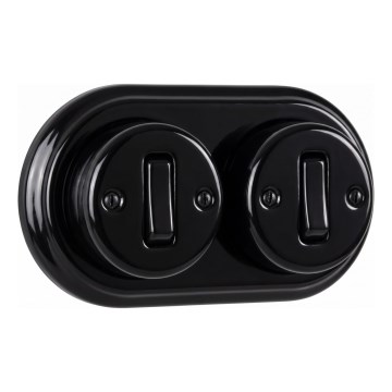 Elhard - Interruttore da parete doppio in ceramica stile retrò con cornice n. 1, nero