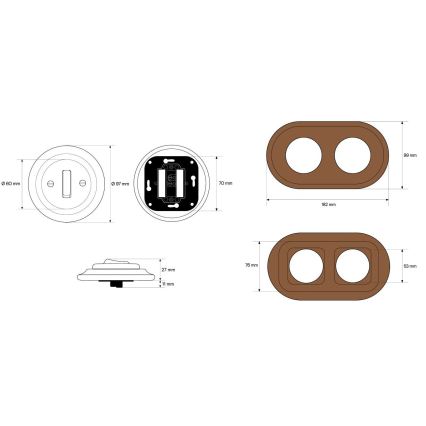 Elhard - Interruttore doppio in ceramica in stile retrò con cornice č. 1 nero/legno scuro
