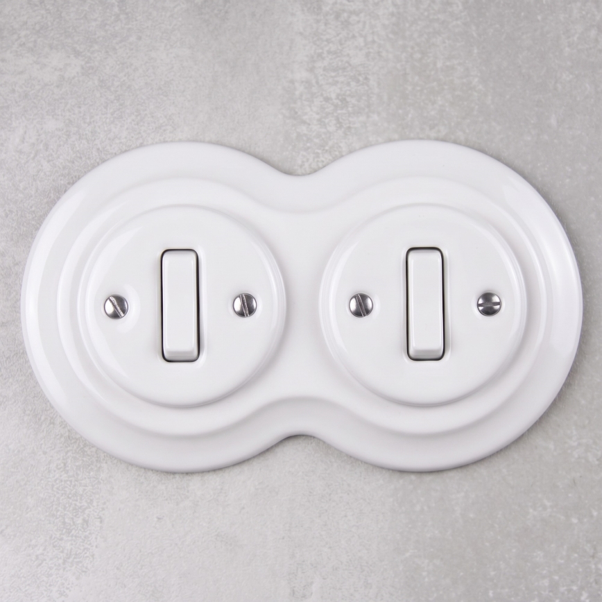 Elhard - Interruttore doppio in ceramica retrò con cornice č. 1 bianco