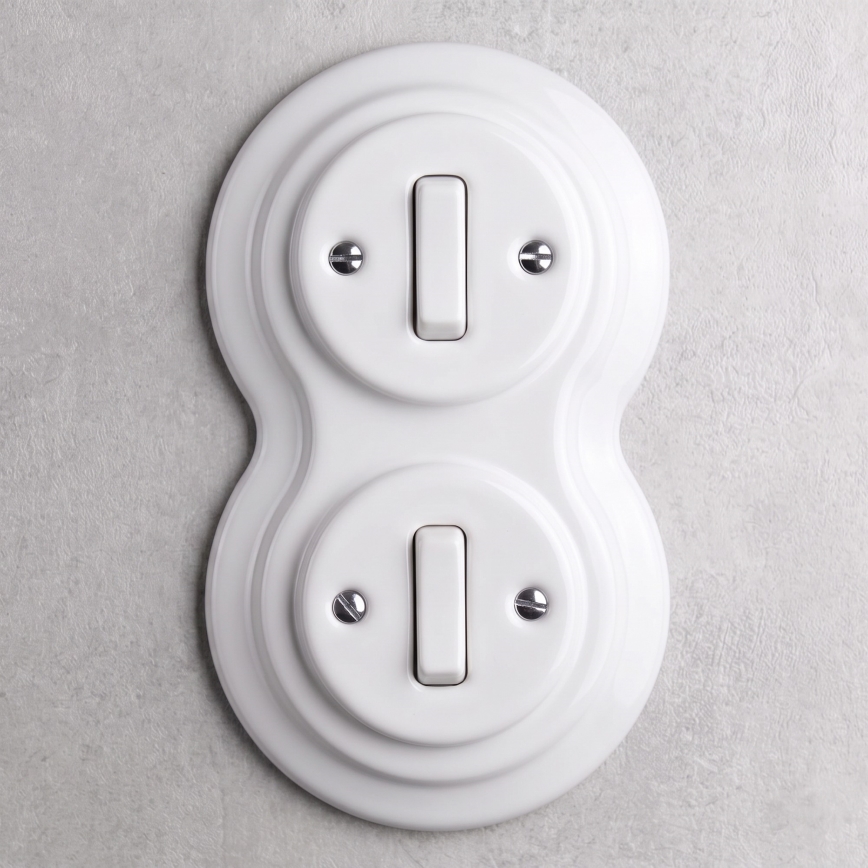 Elhard - Interruttore doppio in ceramica retrò con cornice č. 1 bianco