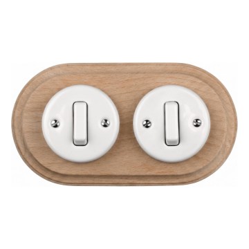 Elhard - Interruttore doppio in ceramica stile retrò con cornice č. 1 bianco/legno chiaro