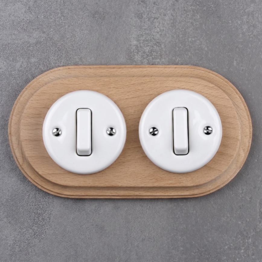 Elhard - Interruttore doppio in ceramica stile retrò con cornice č. 1 bianco/legno chiaro