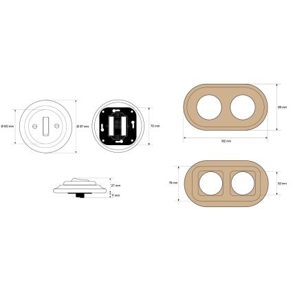 Elhard - Interruttore doppio in ceramica stile retrò con cornice č. 1 bianco/legno chiaro