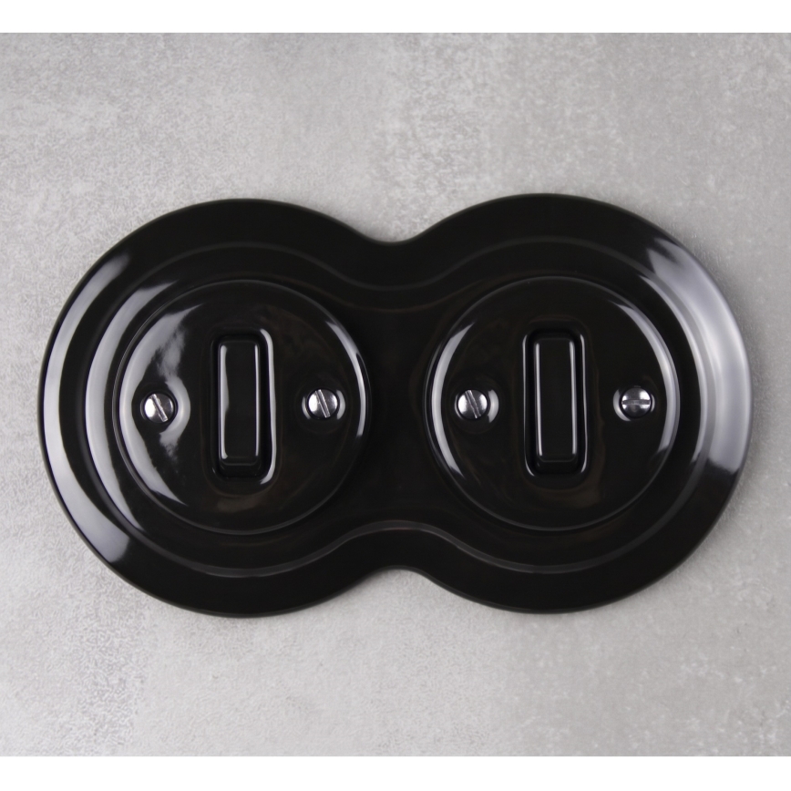 Elhard - Interruttore doppio in ceramica stile retrò con cornice č. 1, nero