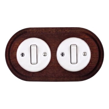 Elhard - Interruttore doppio in ceramica stile retrò con cornice n. 1 bianco/legno scuro