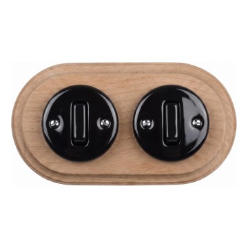 Elhard - Interruttore doppio in ceramica stile retrò con cornice n. 1 nero/legno chiaro