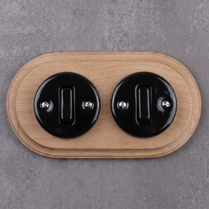 Elhard - Interruttore doppio in ceramica stile retrò con cornice n. 1 nero/legno chiaro