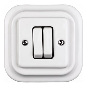 Elhard - Interruttore doppio retrò in ceramica per scale con cornice n. 6+6 bianco