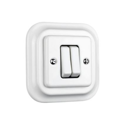 Elhard - Interruttore doppio retrò in ceramica per scale con cornice n. 6+6 bianco