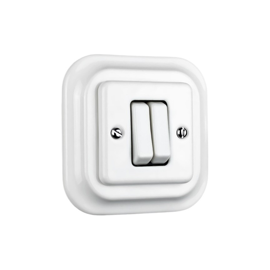 Elhard - Interruttore doppio retrò in ceramica per scale con cornice n. 6+6 bianco
