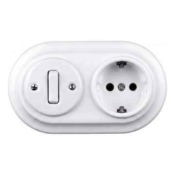 Elhard - Interruttore in ceramica retrò č. 1 e presa 230V con placca SCHUKO bianca