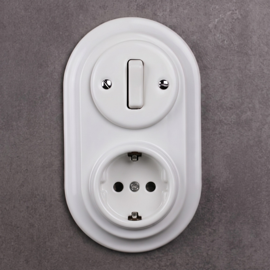 Elhard - Interruttore in ceramica retrò č. 1 e presa 230V con placca SCHUKO bianca