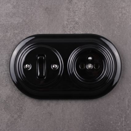 Elhard - Interruttore in ceramica stile retrò č. 1 e presa 230V con placca nera