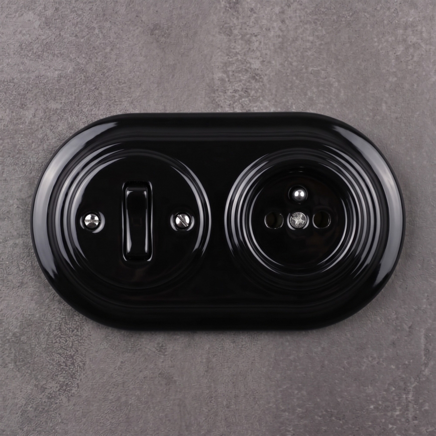 Elhard - Interruttore in ceramica stile retrò č. 1 e presa 230V con placca nera