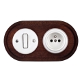 Elhard - Interruttore in ceramica stile retrò n. 1 e presa 230 V con cornice bianco/legno scuro