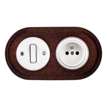Elhard - Interruttore in ceramica stile retrò n. 1 e presa 230 V con cornice bianco/legno scuro