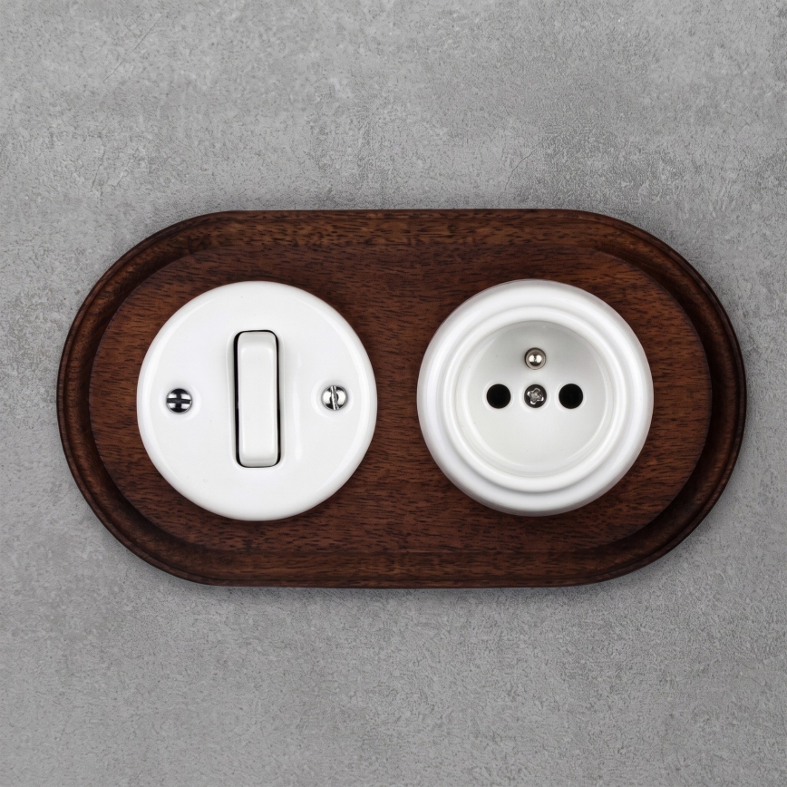 Elhard - Interruttore in ceramica stile retrò n. 1 e presa 230 V con cornice bianco/legno scuro