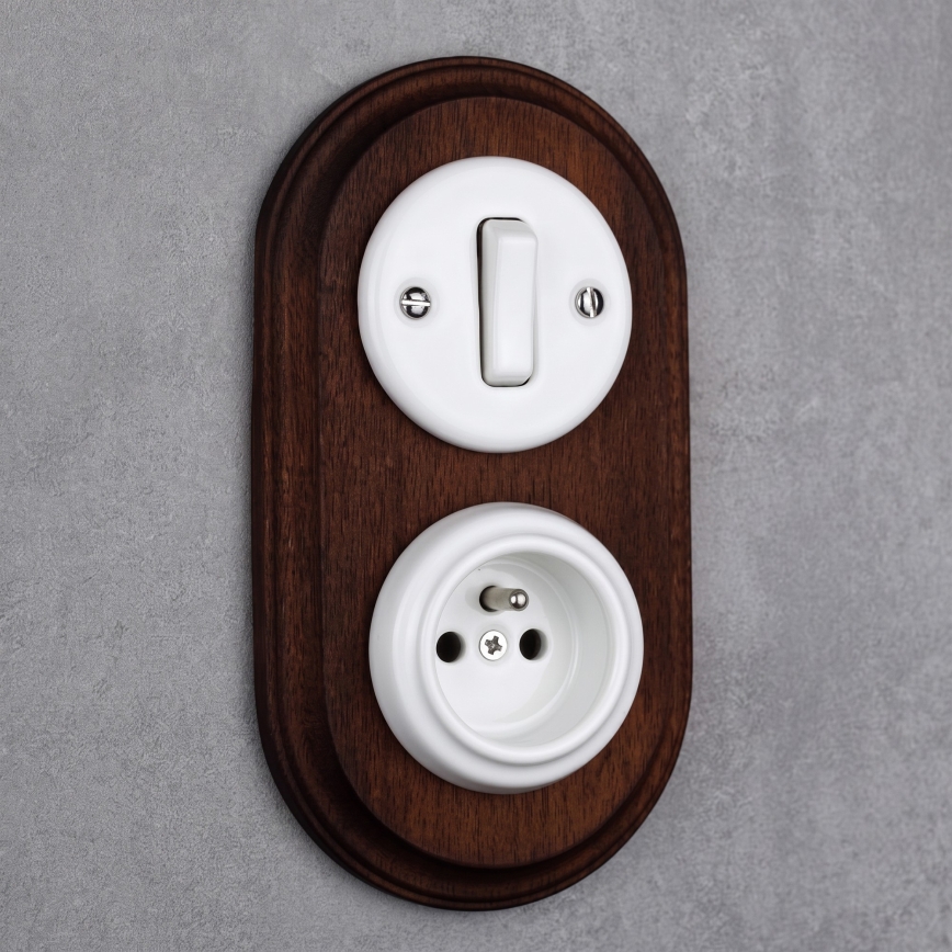 Elhard - Interruttore in ceramica stile retrò n. 1 e presa 230 V con cornice bianco/legno scuro