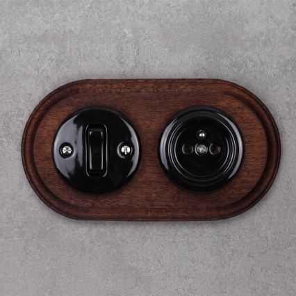 Elhard - Interruttore retrò in ceramica n. 1 e presa 230V con cornice nera/legno scuro