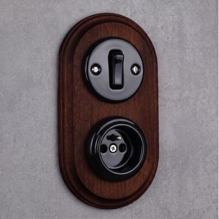 Elhard - Interruttore retrò in ceramica n. 1 e presa 230V con cornice nera/legno scuro