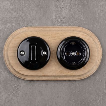 Elhard - Interruttore retrò in ceramica n. 1 e presa 230V con placca SCHUKO nero/legno chiaro