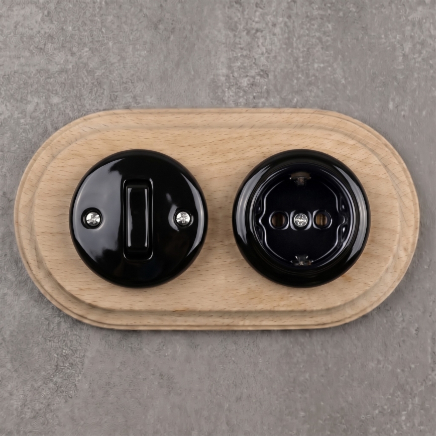 Elhard - Interruttore retrò in ceramica n. 1 e presa 230V con placca SCHUKO nero/legno chiaro
