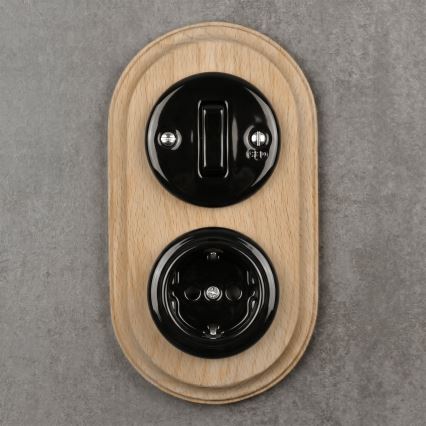 Elhard - Interruttore retrò in ceramica n. 1 e presa 230V con placca SCHUKO nero/legno chiaro