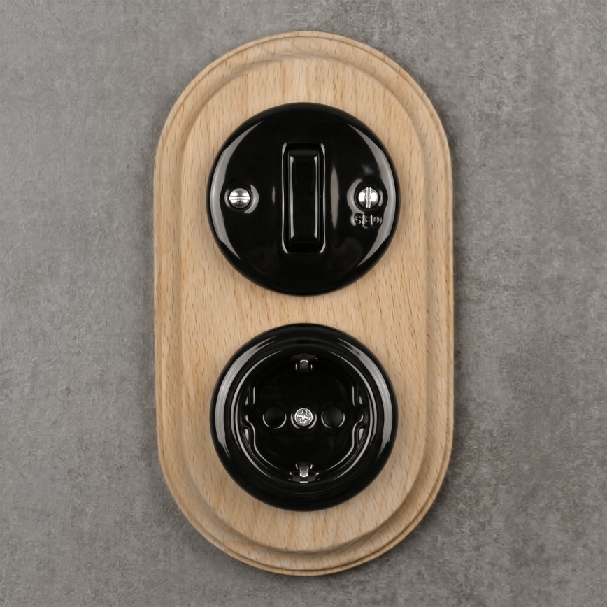 Elhard - Interruttore retrò in ceramica n. 1 e presa 230V con placca SCHUKO nero/legno chiaro
