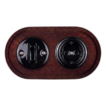 Elhard - Interruttore in ceramica stile retrò n. 1 e presa 230V con cornice SCHUKO nero/legno scuro