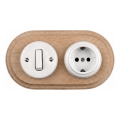 Elhard - Interruttore retrò in ceramica 1 modulo e presa 230V con cornice SCHUKO bianco/legno chiaro