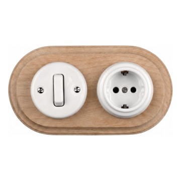 Elhard - Interruttore retrò in ceramica 1 modulo e presa 230V con cornice SCHUKO bianco/legno chiaro