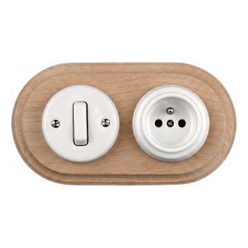 Elhard - Interruttore retrò in ceramica č. 1 e presa 230V con cornice bianco/legno chiaro