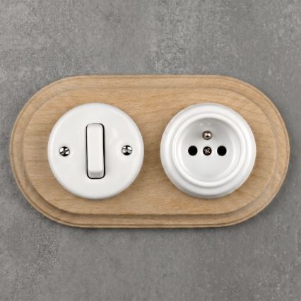 Elhard - Interruttore retrò in ceramica č. 1 e presa 230V con cornice bianco/legno chiaro