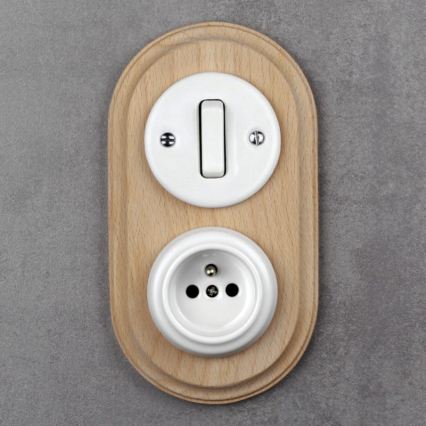 Elhard - Interruttore retrò in ceramica č. 1 e presa 230V con cornice bianco/legno chiaro