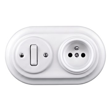 Elhard - Interruttore retrò in ceramica č. 1 e presa 230V con cornice, colore: bianco