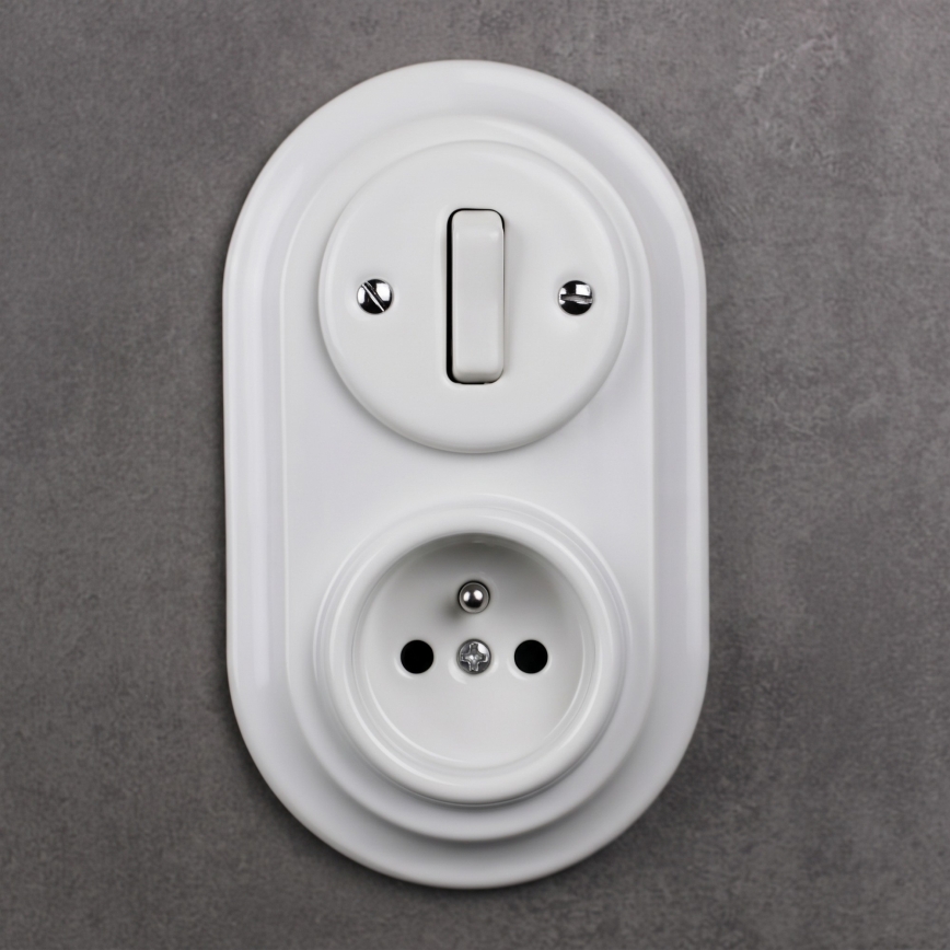 Elhard - Interruttore retrò in ceramica č. 1 e presa 230V con cornice, colore: bianco