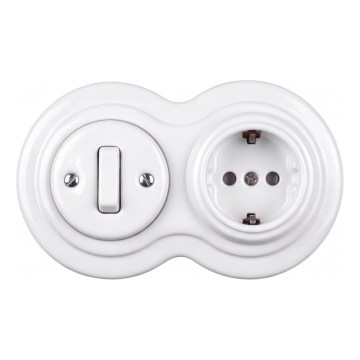 Elhard - Interruttore retrò in ceramica č. 1 e presa 230V con cornice SCHUKO bianca