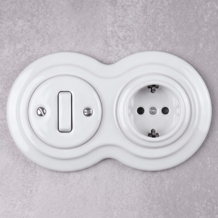 Elhard - Interruttore retrò in ceramica č. 1 e presa 230V con cornice SCHUKO bianca