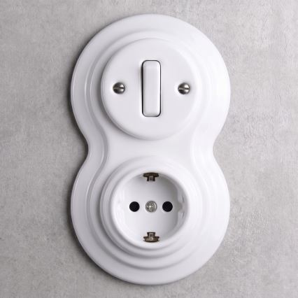 Elhard - Interruttore retrò in ceramica č. 1 e presa 230V con cornice SCHUKO bianca
