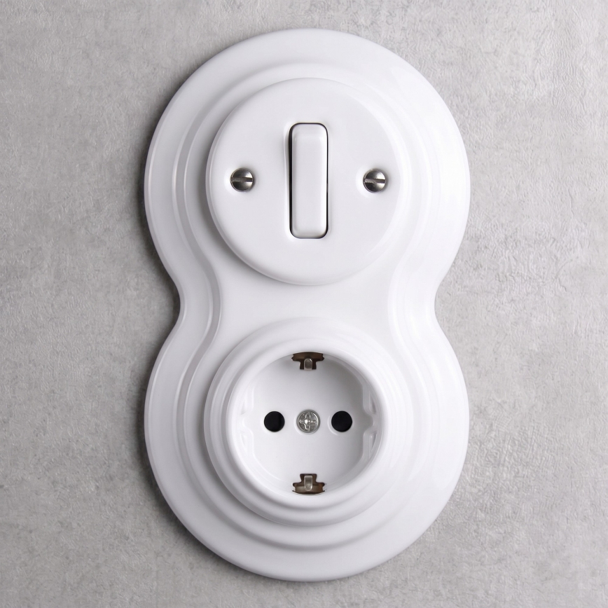 Elhard - Interruttore retrò in ceramica č. 1 e presa 230V con cornice SCHUKO bianca